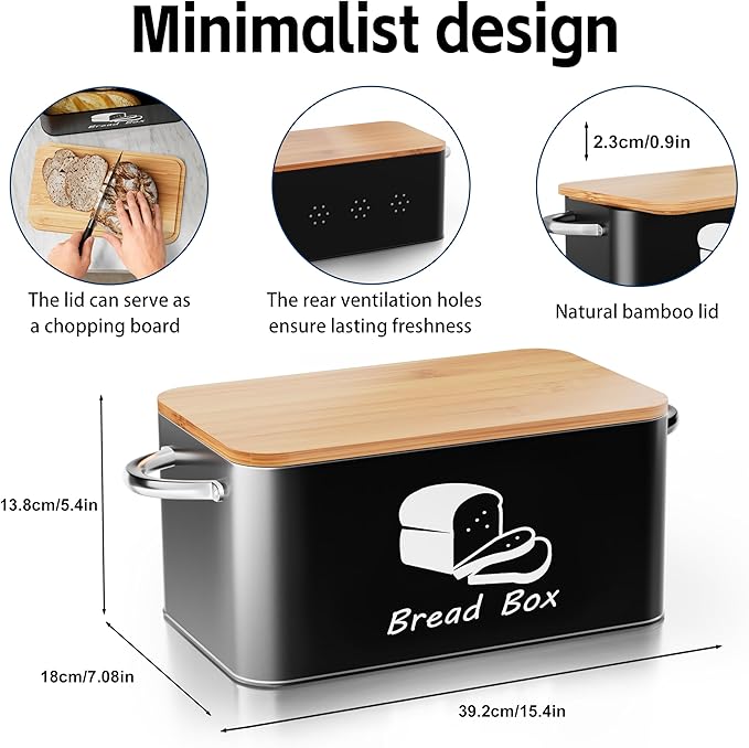 Metal Bread Box with Bamboo Cutting Board Lid, Bread Storage Container, Modern Kitchen Organizer for Sourdough, Buns, and Loaves (Black)