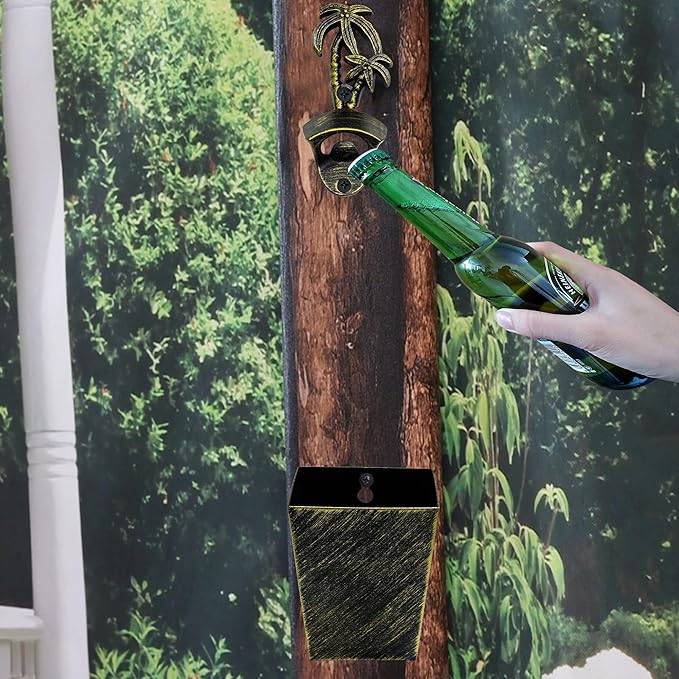 Old Fashioned Wall Mount Beer Cap Opener Palm Tree, Post Mounted Bottle Opener with Cap Catcher Drained (Aged Bronze)