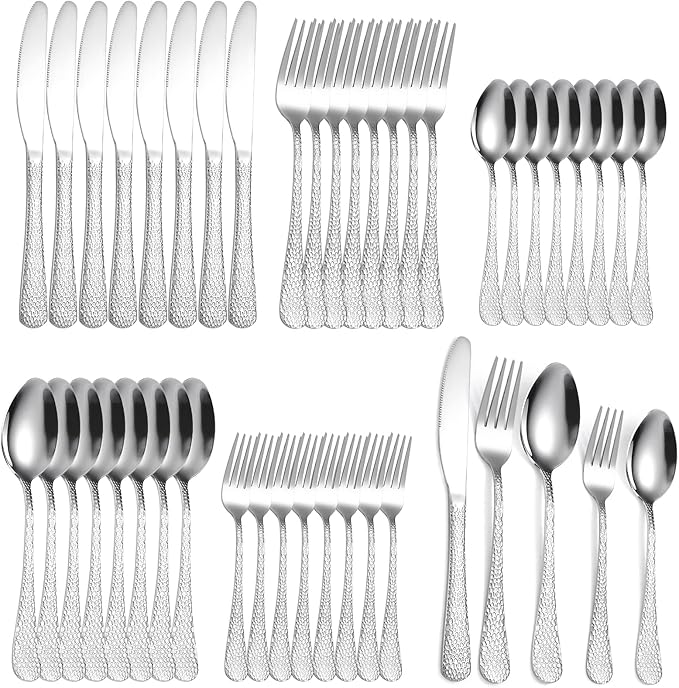 Vintage Silverware Set Hammered Flatware Silver Eating Utensils Stainless Steel Forks Spoons Knives for Restaurant Home Kitchen Parties Durable