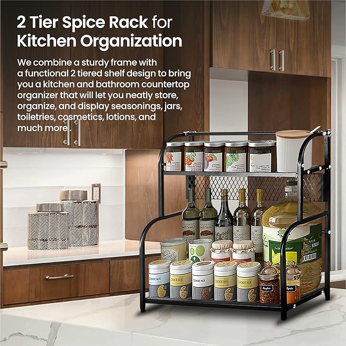 Cheer Collection 2 Tier Spice Rack - Non Slip Kitchen Counter Organizer, Pantry Organizer Display Stand for Kitchen or Bathroom Organization