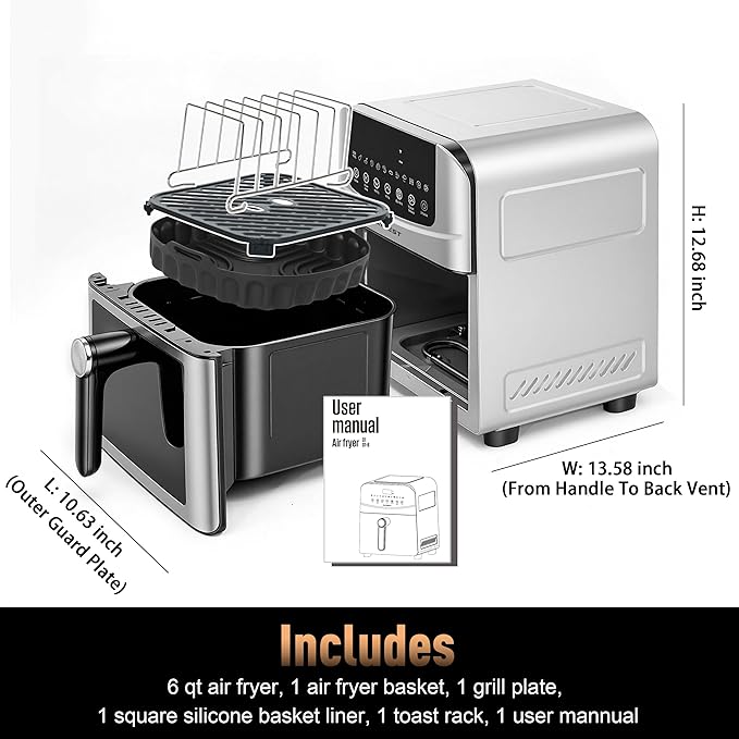 6QT Stainless Steel Air Fryer Ceramic 12 in 1, Dual-Blazes in Metal Housing, 2-3 Servings Visible 8.27" Basket with Teflon-Free Premium Coating, 1700W, DAYBEST Dishwasher Safe Kits (Silver)