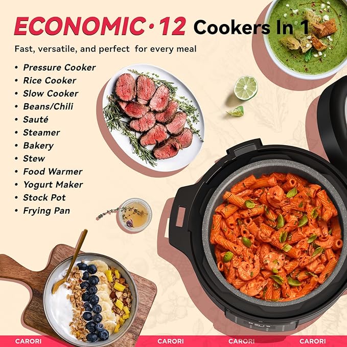 1200W 12-in-1 Electric Pressure Cooker 8Qt, Stainless Steel Pressure Cooker, Slow Cook Rice Cooker Steamer Sauté, Yogurt Maker, Warmer & Sterilizer with Recipe, Safer Venting Design, Sliver