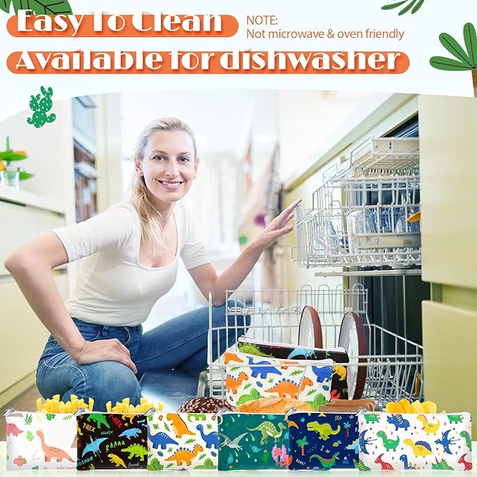 Chumia 6 Pcs Reusable Snack Bags Christmas Gifts Food Safety Washable Snack Bags Lunch with Zipper Portable Sandwich Bag Food Storage Pouch Double Layer(Dinosaur,6.9 x 3.7 Inches)