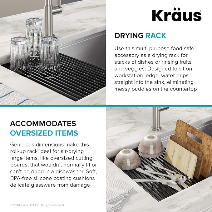 Kraus Multipurpose Workstation Sink Roll-Up Dish Drying Rack, Colander and Trivet in Dark Grey, KRM-11DG