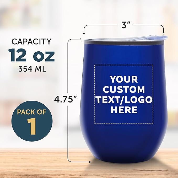 DISCOUNT PROMOS Custom Stemless Wine Tumblers 12 oz. Set of 1, Personalized Bulk Pack - Insulated, Perfect for Wine, Cocktails, Other Hot & Cold Beverages - Blue