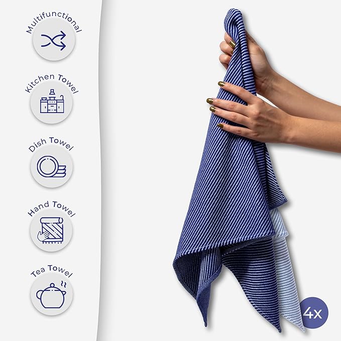 Extra Soft Kitchen Hand Towels - 4 Pack, (20" x 30") - Large & Cozy - Versatile as, Turkish Dish Towels, Large Kitchen Towels, Dish Towel for Drying, Bathroom Hand Towels, Denim and Dark Blue