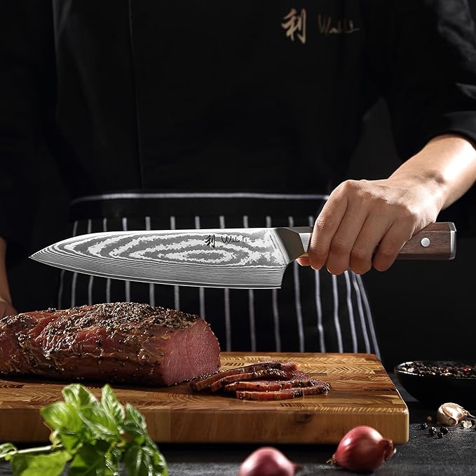 Wakoli HIK Damascus Chef Knife – Full Tang Kitchen Knife | 8-Inch Blade Made of 67-Layer Damascus Steel with VG10 Core | Walnut Wood Handle | Sharp, Durable, Gift Box Included