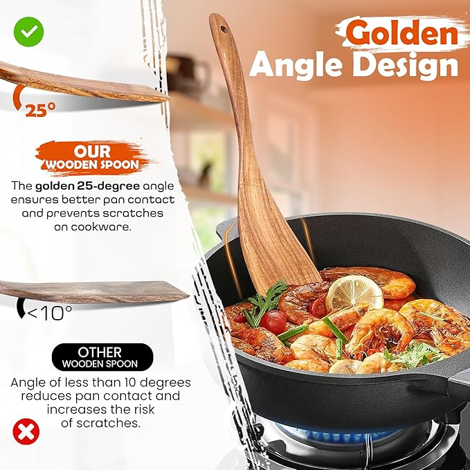 2 Pcs Wooden spoons for cooking,(Fried Spatula&Slotted Spatula). Teak wood kitchen utensils set, Long handle frying turner, Non-stick and non scratch spurtle for backing, frying and cooking.