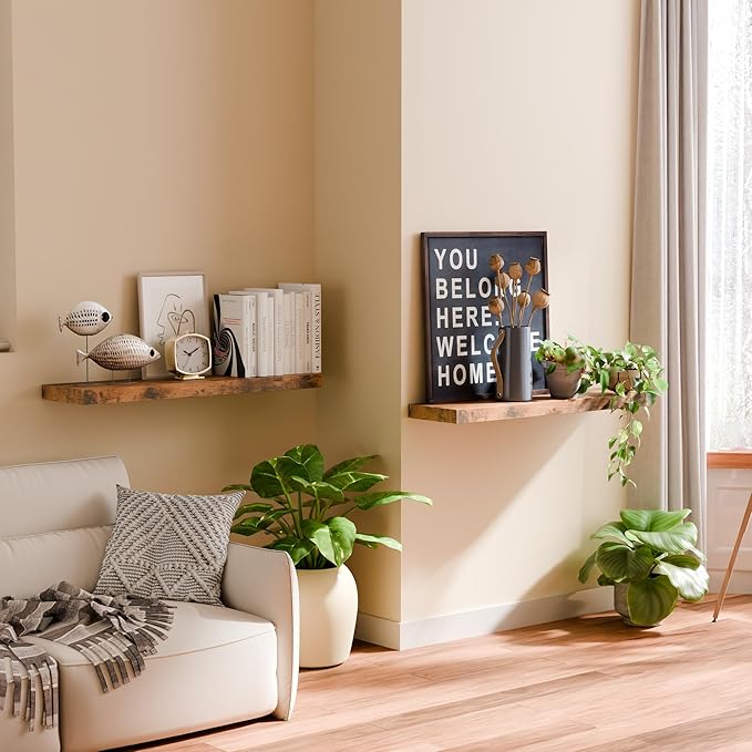 30 Inch Floating Shelves for Wall, 8" Deep Floating Shelf Wall Mounted Set of 2, Rustic Brown Wall Shelf with Invisible Bracket, Hanging Shelf for Bathroom, Bedroom, Office, Living Room Decor