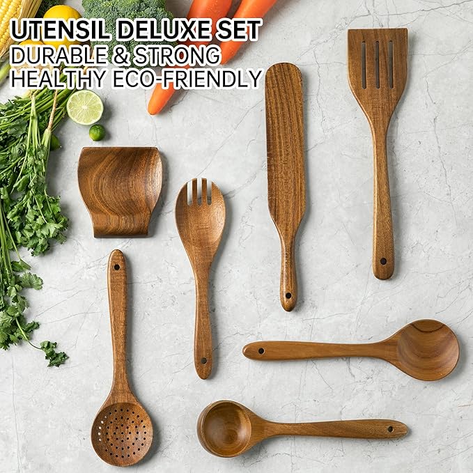 8 PCS Acacia Wooden Utensil Set with Holder, Spoon Rest, Durable Wooden Spoons for Cooking, Heat-Resistant, Comfort Grip,Easy to Clean, Non-stick Friendly, Ideal for Gifting