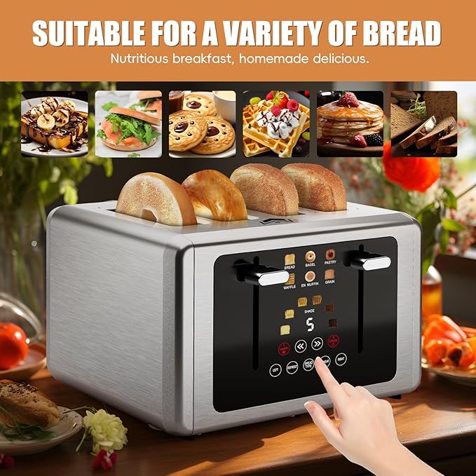4 Slice Toaster, Touchscreen & Dual Independent Control Panel，5 Basic Functions & Digital Countdown Toasters, 6 Shade Settings＆6 Bread Types, Smart Bread Maker Mute/Screen-Off,Titanium