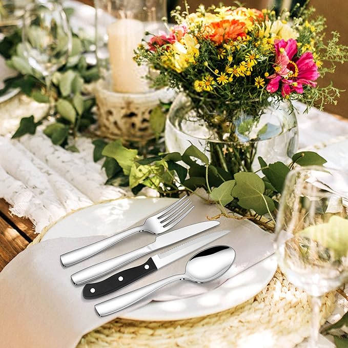 LIANYU 48-Piece 18/10 Silverware Set with Steak Knives and Drawer Organizer, Stainless Steel Flatware Service Cutlery Set for 8, Eating Utensils for Home Kitchen Entertaining, Mirror Polished