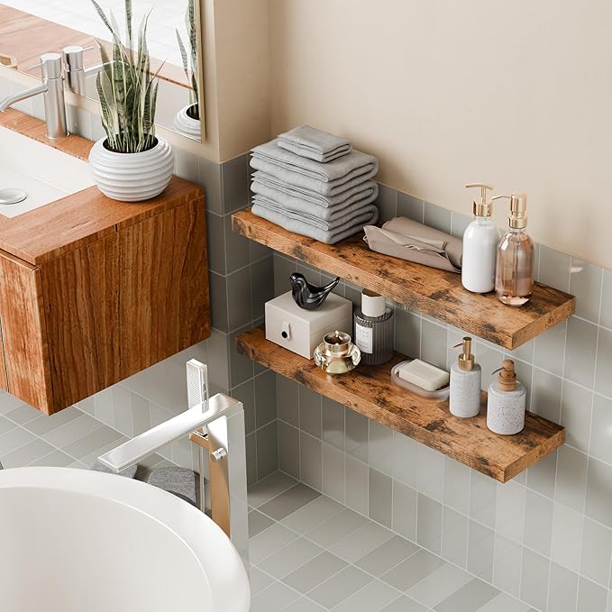 30 Inch Floating Shelves for Wall, 8" Deep Floating Shelf Wall Mounted Set of 2, Rustic Brown Wall Shelf with Invisible Bracket, Hanging Shelf for Bathroom, Bedroom, Office, Living Room Decor