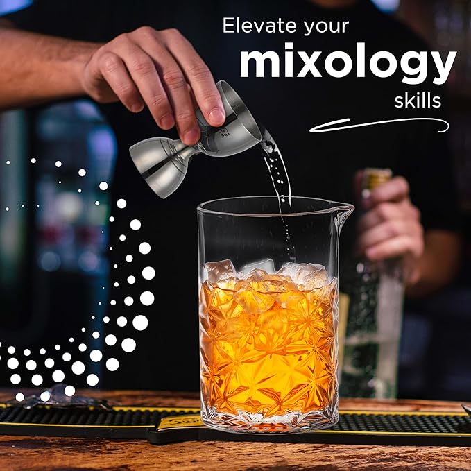 Cocktail 24oz Mixing Glass Set with Jigger, Muddler, Spoon, Hawthorne Strainer & Bamboo Stand - Mixology Pitcher for Stirrer Cocktails - Birthday Gifts for Friends & Family