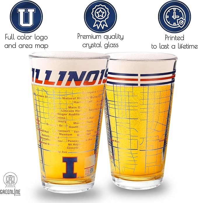 Greenline Goods – Illinois College Pint Beer Glasses (Set of 2), 16 oz – Full‑Color Logo + Campus Map
