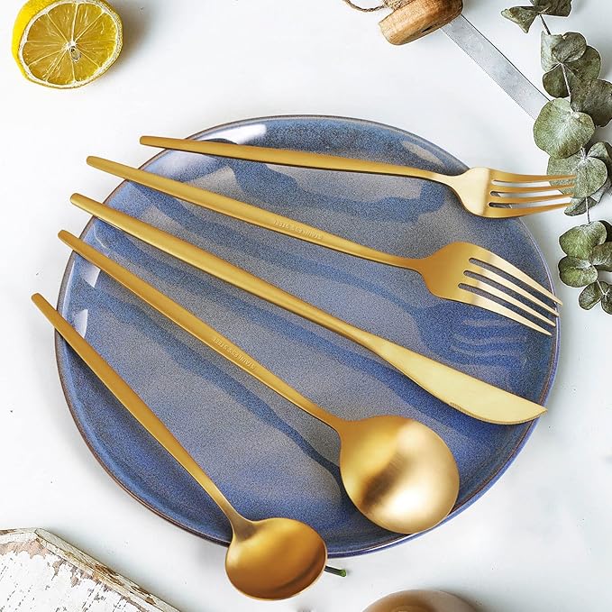 MIKIWAY 60-Piece Stainless Steel Flatware Set, Matte Golden Cutlery, Includes Spoons, Forks, Dishwasher Safe