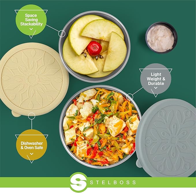 Stainless Steel Containers with Lids, Set of 5, Leakproof Stainless Steel Food Containers, Metal Food Storage Container, Stackable Toddler Snack Containers, Lunch Box Containers