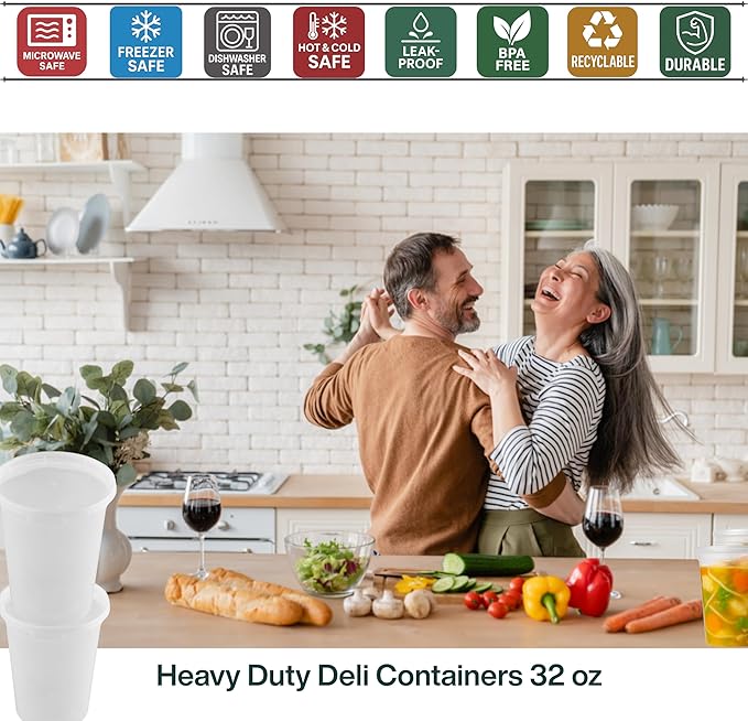 [32 oz Heavy-Duty PP Deli Containers with Lids – 20 Sets| Microwave & Freezer Safe | Durable, Leak-Resistant & Reusable | Ideal for Food Storage, Meal Prep, Restaurants & Catering