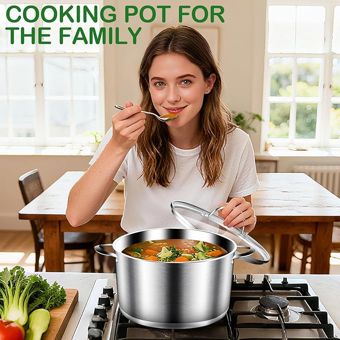 Cooking Pot, Stainless Steel Stock Pot, Soup Pot with Glass Lid, Induction Pots - 6 Quart