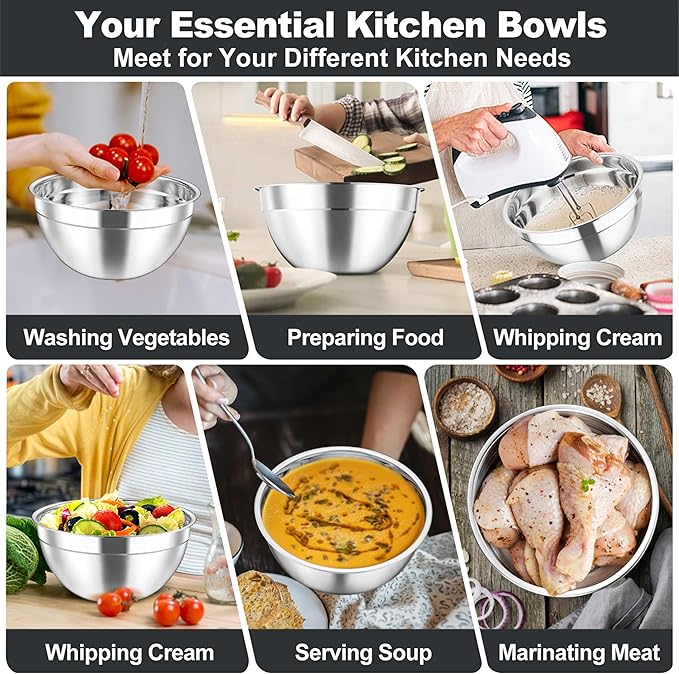 TeamFar Mixing Bowls Set, 4.5/3/1.5/1/0.7 QT Stainless Steel Nesting Salad Bowls with Airtight Lids, For Serving/Mixing/Storing, Non-Toxic & Heavy Duty, Visible & Easy Clean, Black, Set of 5