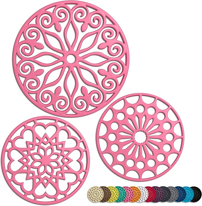Hot Pink 3 Set Silicone Trivet Mats with 1 Extra Large Included | Intricately Carved Insulated Flexible Durable Non Slip Thick Round Premium Trivets for Hot pots and Pans