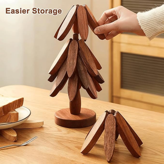 Natural Tree Trivet Set - Natural Foldable Kitchen Trivets, Handmade Wooden Hot Pad Holder for Plates, Pots, Pans, Cup, Kitchen Dining Table Protection (Wood, S)