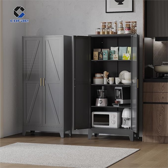 COFaR Black Metal Cabinet, 61 in Tall Metal Storage Cabinet with 3 Adjustable Shelves and Barn Doors, Farmhouse Cupboard Storage for Garage Kitchen Pantry Office, 4-Tier