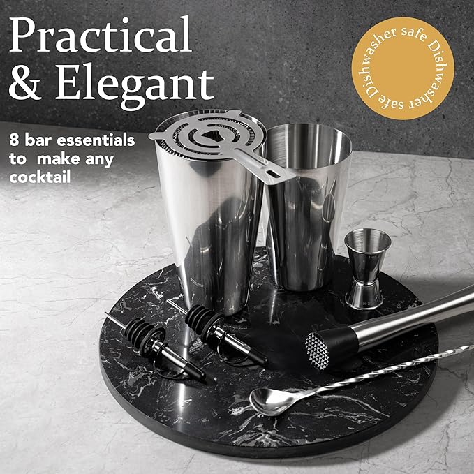 Boston Cocktail Shaker Set, 8-Piece Bartender Kit with 18oz & 28oz Shaker Strainer Muddler Jigger Mixing Spoon Pourers, Bar Accessories, Stainless Steel Martini Shaker, Bar Tools
