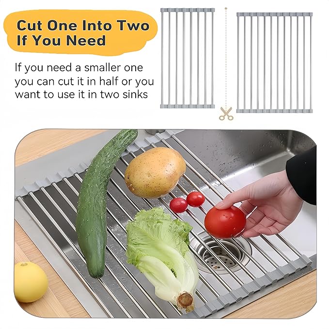 Roll Up Dish Drying Rack, 19.7" x 15.8" Over The Sink Dish Drying Rack, Kitchen Dish Rack Foldable Dish Drainer, Stainless Steel Dish Drying Rack for Kitchen Sink Counter Storage (Grey)