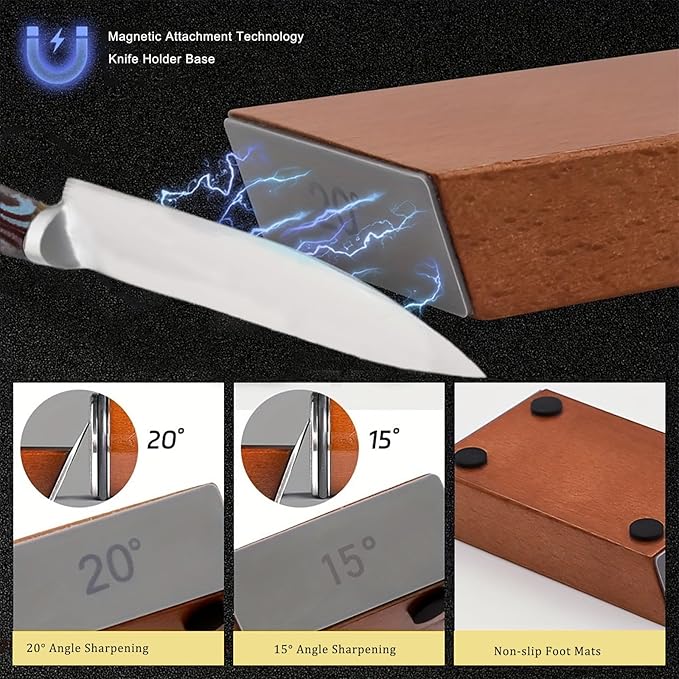 Rolling Knife Sharpener Kit, Diamond and Ceramic Discs Roller Knife Sharpener Tool, 15° and 20° Magnetic Angle Guide Kitchen Easy Knife Sharpening Set