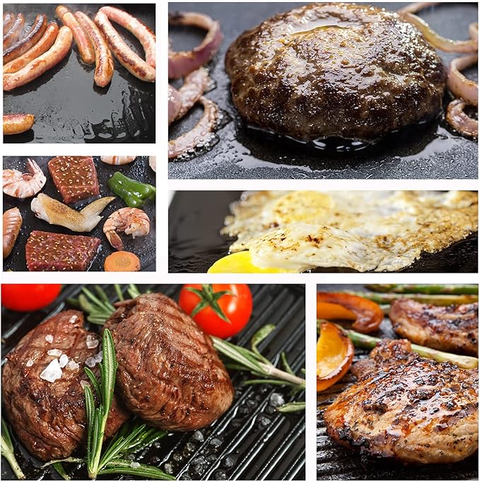 GGC Cast Iron Reversible Grill Griddle，Double Sided Grill Pan Perfect for Gas Grills and Stove Tops, 13 x 8.25 Rectangular Baking Flat and Ribbed Griddle Plate