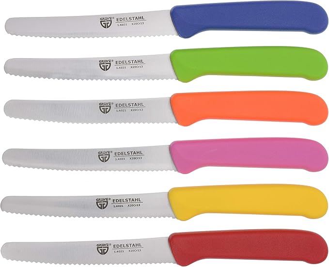 GRÄWE table knife 6 pieces, knife set for cutting, pack of 6 bread knives, breakfast knife with serrated edge on one side, knife 8.3 inch - Colorful