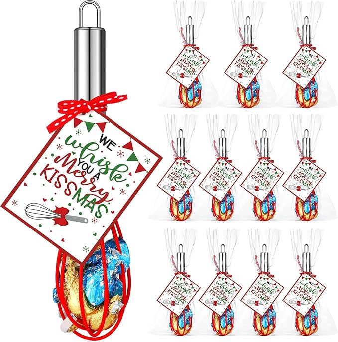 Nuogo 12 Sets Christmas Whisk Baking Supplies Gifts Christmas Neighbor Gifts Includes 8 Inch Stainless Steel Whisk,Greeting Cards,Ribbons,Plastic Bags for Home Cooking Supplies Xmas Stocking Stuffers