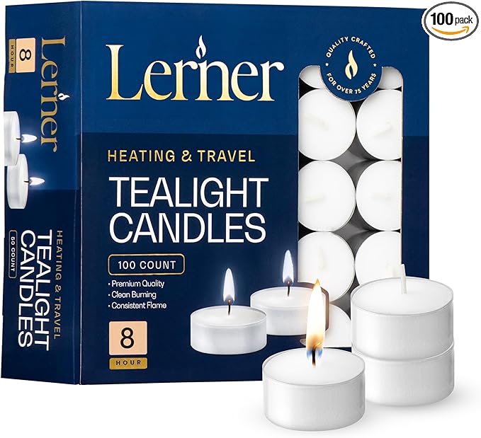 Lerner 100 Count White Tea Light Candles, 8 Hour Long-Burning, Non-Toxic, Smokeless & Soot-Free, Unscented