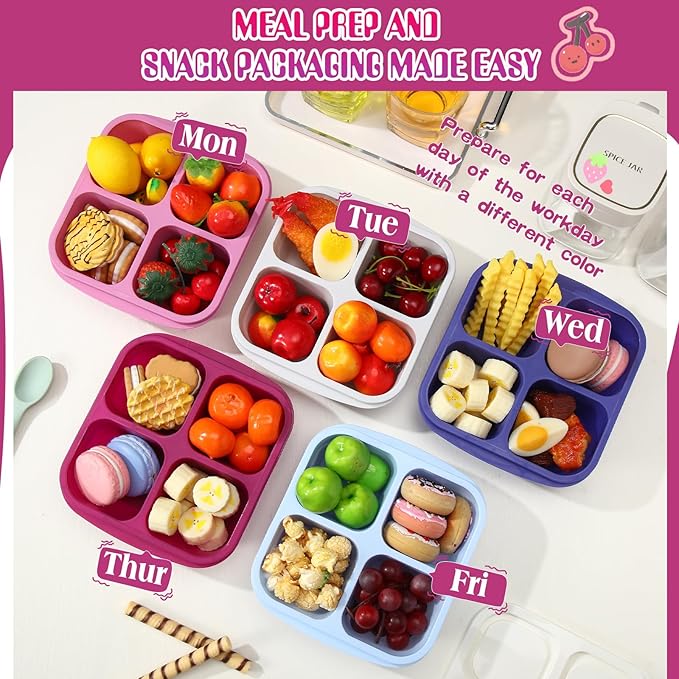 Honeydak 5 Pack Snack Containers 4 Compartment Bento Snack Boxes Reusable Lunchable Containers with Lids Divided Meal Prep Lunch Food Storage Box for School Work Travel(Elderberry,Equal)