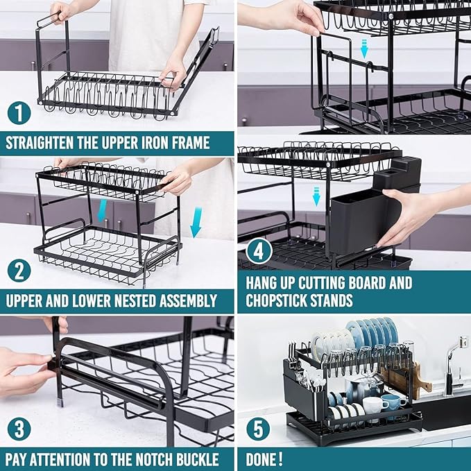 2 Tier Dish Racks for Kitchen Counter and Sink - Large Dish Drying Rack with Drainboard & Utensil Holders - Stainless Steel Dish Drainers Kitchen Organization and Storage for Space Saving (Black)