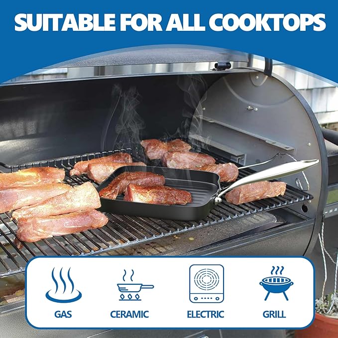 SafBbcue Square 11” Ridged Grill Pan - Non-Stick Ceramic Coated, Durable Skillet Indoor & Outdoor Grilling, Oven Gas & Induction Safe, for Weber Charbroil Camp Chef Grill, Black