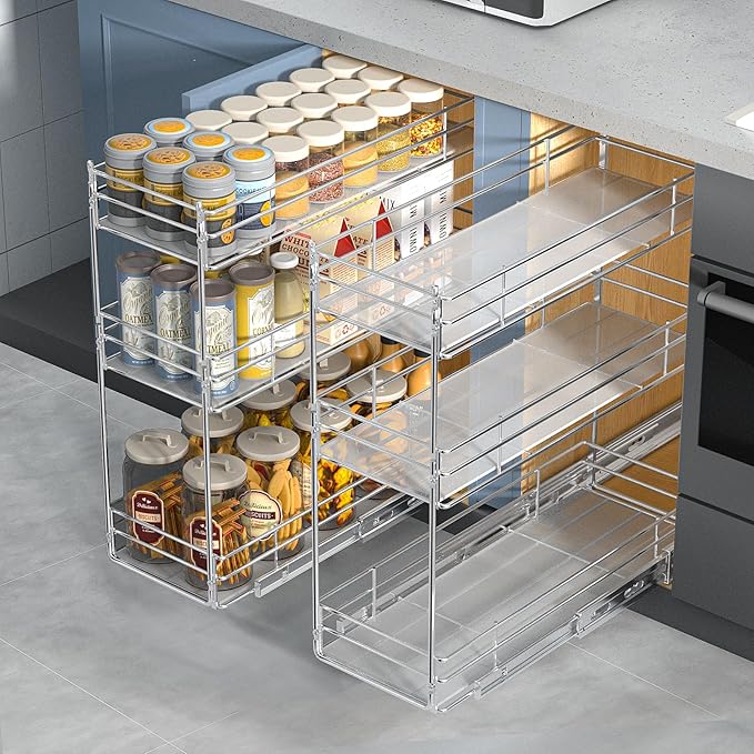 ROOMTEC Pull Out Spice Rack for Narrow Cabinet (8" W X 20½" D),3 Tier Heavy Duty Sliding Spice Cabinet Organization Shelf Racks, Pull Out Shelves Under Cabinet Storage for Kitchen