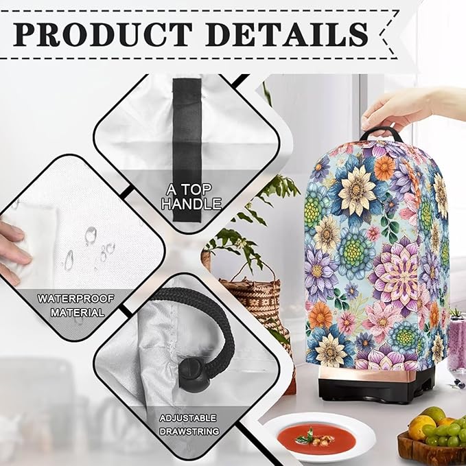 Colorful Flowers Blender Covers for Kitchen Food Processor Cover Dust Washable Foldable Coffee Appliance Cover Universal Design with Top Handle