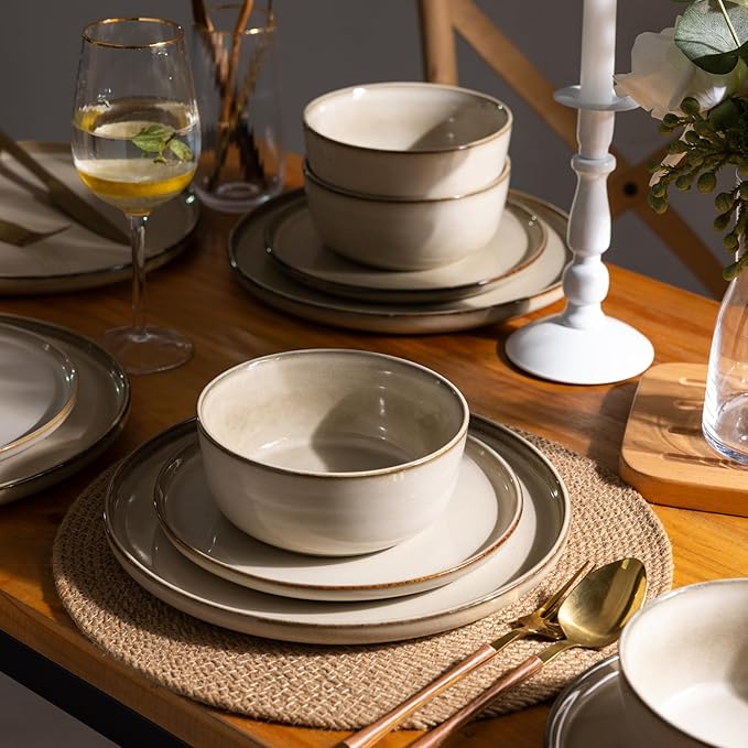 GBHOME Ceramic Dinnerware Sets for 8, 24 Pieces Stoneware Plates and Bowls Sets, Scratch Resistant Dishes, Dishwasher & Microwave Safe, Reactive Glaze-Cappuccino
