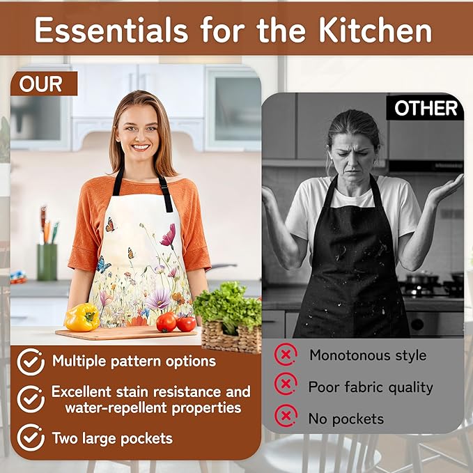 Apron with Pockets for Women, Adjustable Kitchen Cooking BBQ Chef Apron, Gifts for Mom Birthday, or Holidays