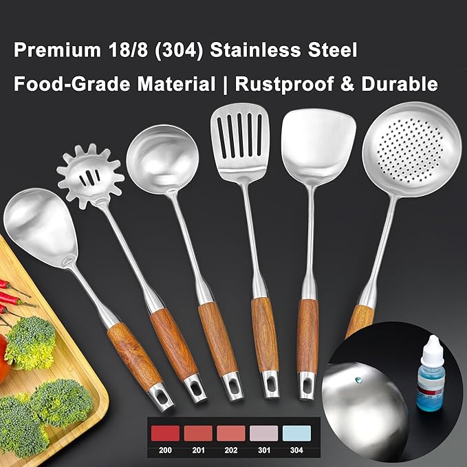 18/10 Stainless Steel Kitchen Utensils Set 6 Pcs Cooking Utensil with Wood Handle, 15.5” Long Spatula, Soup spoon, Leaking shovel, Spaghetti Spoon Kitchen Tools Set (Wood handle - 6 Piece)