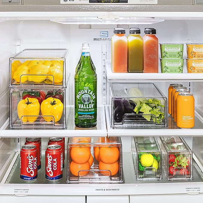 Sorbus Medium Clear Storage Drawers (6 Pack) – Stackable Organizer Drawers for Fridge, Pantry, Kitchen – Pull-Out Storage Bins with Handles, Slide Out Acrylic Drawers