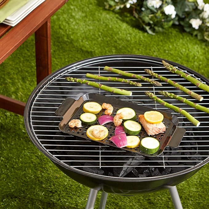 RSVP International Porcelain Coated Steel BBQ Grill Tray/Pan, Outdoor Barbeque Grilling Accessories for Cooking Fish & Vegetables, Dishwasher Safe, Small, 13x7.25