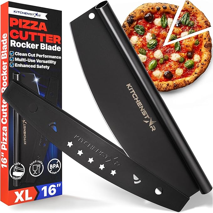 KitchenStar 16-Inch Pizza Cutter Rocker Blade - Sharp Stainless Steel Slicer Knife, Protective Cover, Black Nonstick, Large - Professional Pizza Oven Accessories