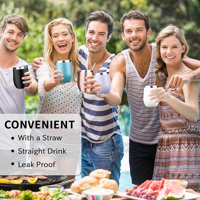 12oz/4 Pack Stainless Steel Wine Tumbler with Lids, Double WallVacuum Stainless Steel Travel Tumbler,Insulated Wine GlassesTravel Tumbler for Cold & Hot Drinks,Cup for Champaign Coffee(Cool color)