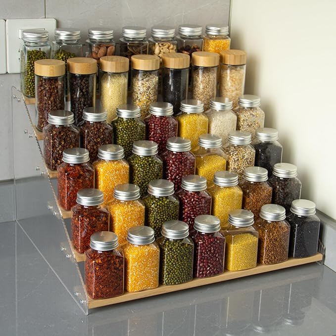 nianfeng Tiered Spice Rack, 6-Tier Spice Pantry Kitchen Cabinet Organizer, 16-Inch, Natural Wood Acrylic Stair Riser Stand, Countertop Seasoning Shelf
