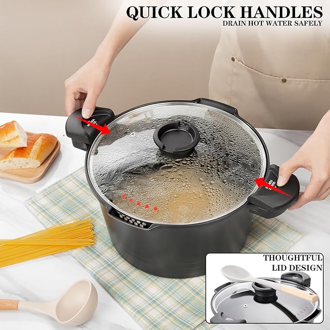 5qt Pasta Pot with Strainer Lid, Cast Aluminum Stockpot Multipot, Nonstick Ceramic Coating make Cleanup easy with Tempered Glass Lid, Dishwasher Safe, Induction, Black