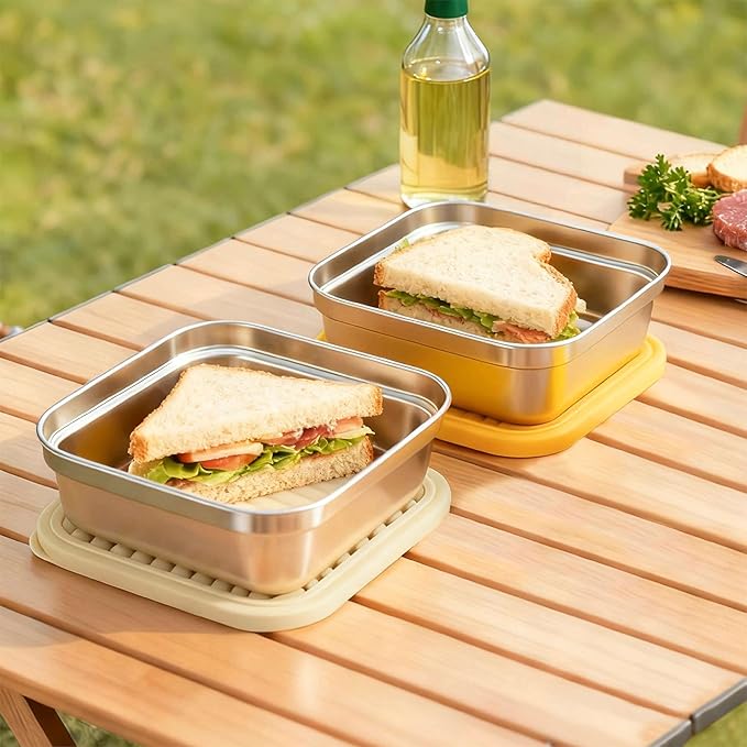 2 Pack Reusable Stainless Steel Sandwich Containers – Durable, Eco-Friendly, Leak-Proof Design, 22 oz (White & Yellow)