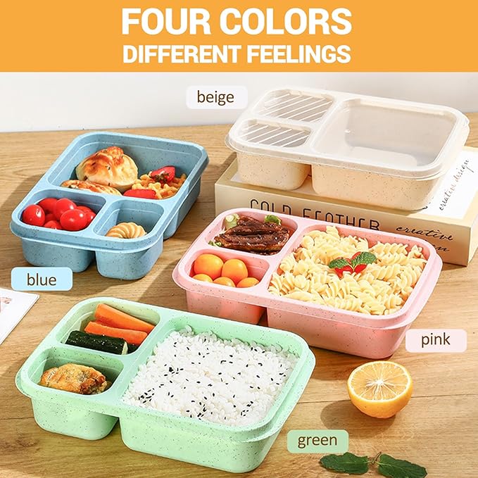 4 Pack Bento Box for Adults, 3-Compartment Wheat Straw Food Storage Containers, Meal Prep Lunch Box Microwave and Dishwasher Safe, Suitable for Office and Outdoor
